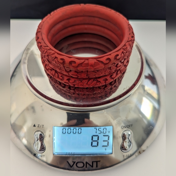 Vintage/Estate Red Carved Chinese Cinnabar Bangle Bracelets; Set of 3 - Picture 9 of 13